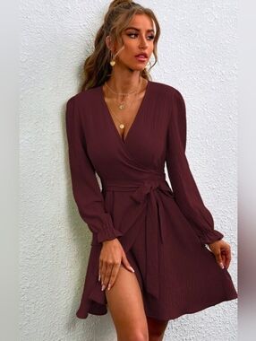 Shein 3/$25 Burgundy Surplice Wrap Dress Long Sleeve Fall Date Night Size L